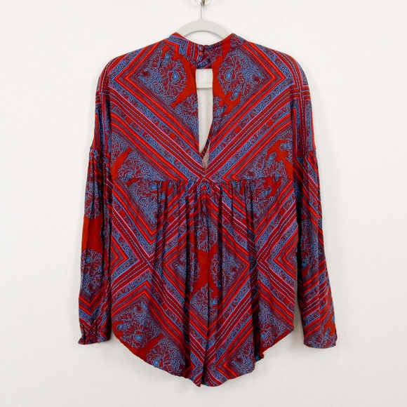 Free People Walking On A Dream Keyhole Long Sleeve Tunic Top Red Blue - Picture 7 of 11